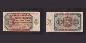 Billetes
Francisco Franco, Banco de España
5 Pesetas. Burgos, 10 agosto 1938. Serie F. ED.435a. Ligera grieta y manchitas. (BC-).