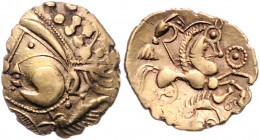 KELTEN, WESTLICHE REGION, AV Hemistater der Eburovices (um 56 v.Chr.). Stilis. Kopf l. Rs.Pferd r., darunter Eber. 3,16g.
GOLD, ss
DT 2402ff.