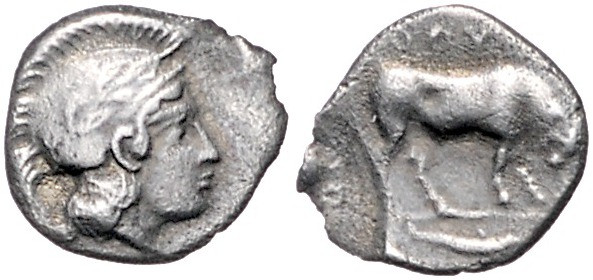 ITALIEN, LUKANIEN / Stadt Thurium, AR Diobol (vor 400 v.Chr.). Behelmter Kopf At...