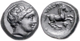 GRIECHENLAND, MAKEDONIEN. Alexander III. der Große, 336-323 v.Chr., AE 14. Apollokopf r. Rs.Pferd r., unten Weintraube, ALEXANDROY. 5,04g.
f.vz
Sear...