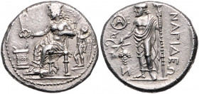 KLEINASIEN, KILIKIEN / Stadt Nagidos, AR Stater (374-356 v.Chr.). Aphrodite l. thronend, hält Phiale, hinter ihr i.F.r. kleiner Eros. Rs.Dionysos l. s...