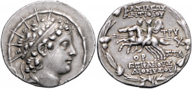 SYRIEN, Antiochos VI. Dionysos, 145-142 v.Chr., AR Tetradrachme (J.170 =143/142 v.Chr.), Antiochia. Kopf mit Strahlenkrone r. Rs.Dioskuren reiten r. m...