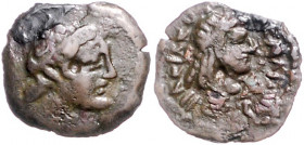 ÄGYPTEN, Ptolemaios V., 204-180 v.Chr., AE 16, Kyrenaica. Kopf des Ptolemaios r. Rs.Kopf Lybias r., i.F.r. Füllhorn. 1,37g.
s-ss
Sear 7881; BMC 6.76...