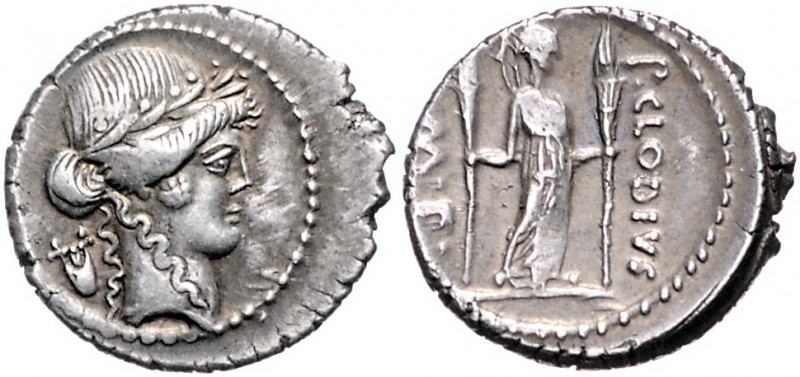 *RÖMISCHE REPUBLIK, P. Clodius M.f. Turrinus, 42 v.Chr., AR Denar. Belorb. Kopf ...