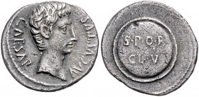 *RÖMISCHES REICH, Augustus, 27 v.-14 n.Chr., AR Denar (19-18 v.Chr.), Colonia Caesaraugusta? Kopf r., CAESAR AVGVSTVS. Rs.SPQR CL V auf Schild. 3,56g....