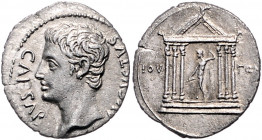 RÖMISCHES REICH, Augustus, 27 v.-14 n.Chr., AR Denar (ca.19 v.Chr.), ungesicherte Mzst.(Colonia Patricia?). Barh. Kopf l. Rs.Jupiter mit Blitz und Zep...