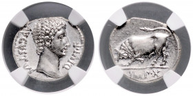 RÖMISCHES REICH, Augustus, 27 v.-14 n.Chr., AR Denar IMP X =15-13 v.Chr., Lugdunum. Kopf r. Rs.Stier l. stoßend. 3,86g.
Prachtex., selten i.d. Erhalt...