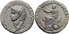 RÖMISCHES REICH, Nero Claudius Drusus, posthum unter Claudius, 41-54, AE Sesterz, Rom. Barhäuptiger Kopf l. Rs.Claudius thront l. auf Waffen. 22,02g.....