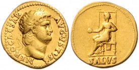 RÖMISCHES REICH, Nero, 54-68, AV Aureus (65-66), Rom. Belorb. Büste r., NERO CAESAR AVGVSTVS. Rs.Salus l. thronend, SALVS. 7,20g.
GOLD, eindrucksvoll...