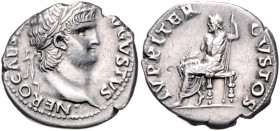RÖMISCHES REICH, Nero, 54-68, AR Denar, Rom. Belorb. Büste r. Rs.Jupiter thront l. mit Blitz und Zepter. 3,03g.
ss-vz
RIC 53