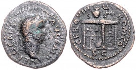 RÖMISCHES REICH, Nero, 54-68, AE Semis (um 64), Rom. Belorb. Büste r. Rs.Tisch mit Urne und Kranz. 3,34g.
f.ss/ss
RIC 233
