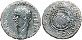 RÖMISCHES REICH, Nero, 54-68, AE 25, Makedonien, Stadt Thessalonica. Büste l., NERON KAISAP. Rs.Makedonisccher Schild, SEBASTOS MAKEDONON. 9,07g.
ss...