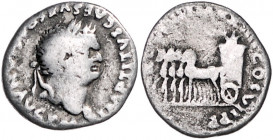 RÖMISCHES REICH, Titus, 79-81, AR Denar (79), Rom. Belorb. Büste r., IMP TITVS CAES VESPASIAN AVG PM. Rs.Quadriga l., darin Kornähren, [TRP VIIII] IMP...