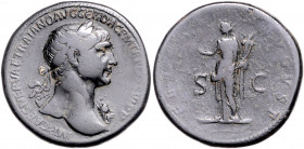 RÖMISCHES REICH, Trajan, 98-117, AE Sesterz COS VI =(112-114), Rom. Belorb. Büste r. Rs.Felicitas steht l. mit Caduceus und Cornucopia, S-C. 25,81g.
...