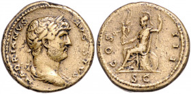 RÖMISCHES REICH, Hadrian, 117-138, AE As, Rom, für den Umlauf in Antiochia. Belorb. Büste r. Rs.Roma thront l. mit Stab und Victoria über SC. 9,2g.
P...