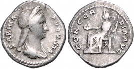 RÖMISCHES REICH, Sabina, Gemahlin des Hadrian, +137, AR Denar, Rom. Drap. Büste r. Rs.Concordia l. sitzend. 2,96g.
ss