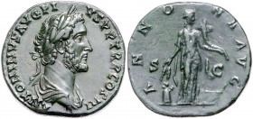 *RÖMISCHES REICH, Antoninus Pius, 138-161, AE Sesterz COS III =140-144, Rom. Belorb. Büste r. Rs.Annona vor Modius r. stehend, hält Kornähren und Füll...