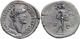 RÖMISCHES REICH, Antoninus Pius, 138-161, AE Sesterz COS IIII =145-161, Rom. Belorb. Büste r., ANTONINVS AVG PI-VS PP TRP COS IIII. Rs.Mars r. schreit...