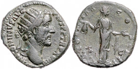 RÖMISCHES REICH, Antoninus Pius, 138-161, AE Dupondius TRP XVIII =154-156, Rom. Büste mit Strahlenkrone r., ANTONINVS AVG PIVS PP TRP XVIII. Rs.Libert...