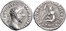 RÖMISCHES REICH, Marcus Aurelius, 161-180, AR Denar TRP XVIII IMP II =163/4, Rom. Belorb. Büste r., ANTONINVS AVG AREMNIACVS. Rs.Trauernde Armenia l. ...