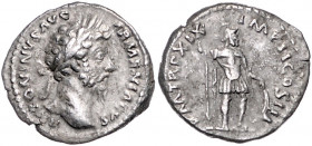 RÖMISCHES REICH, Marcus Aurelius, 161-180, AR Denar TRP XIX IMP II =164/5. Belorb. Büste r., ANTONINVS AVG ARMENIACVS. Rs.Mars r. stehend, hält Speer ...