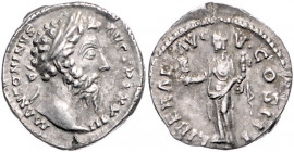 RÖMISCHES REICH, Marcus Aurelius, 161-180, AR Denar TRP XXIII IMP V =168-169. Belorb. Büste r., M ANTONINVS AVG TRP XXIII. Rs.Liberalitas l. stehend, ...