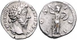RÖMISCHES REICH, Marcus Aurelius, 161-180, AR Denar TRP XXV =170-171, Rom. Belorb. Büste r., M ANTONINVS AVG TRP XXV. Rs.Minerva mit Speer und Schild ...