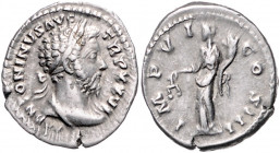RÖMISCHES REICH, Marcus Aurelius, 161-180, AR Denar TRP XXVI IMP VI =171/2, Rom. Belorb. und drap. Büste r., M ANTONINVS AVG TRP XXVI. Rs.Aequitas l. ...