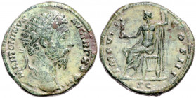 RÖMISCHES REICH, Marcus Aurelius, 161-180, AE Dupondius TRP XXVIII =173/74, Rom. Büste mit Strahlenkrone r. Rs.Jupiter thront l. mit Zepter und Victor...