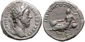 RÖMISCHES REICH, Marcus Aurelius, 161-180, AE As TRP XXIX IMP VII =174-175, Rom. Belorb. Kopf r., M ANTONINVS AVG TRP XXIX. Rs.Tiber l. gelagert, IMP ...