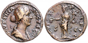 RÖMISCHES REICH, Faustina II., Gemahlin des Marcus Aurelius, +175, AE Dupondius, Rom. Drap. Büste r., FAVSTINA AVGVSTA. Rs.Concordia steht l., AVGVSTI...