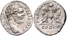 RÖMISCHES REICH, Septimius Severus, 193-211, AR Denar IMP V =195, Rom. Belorb. Büste r. Rs.Tropaeum zw. 2 Gefangenen. 3,45g.
f.vz
RIC 63