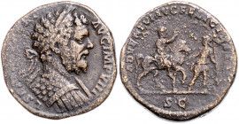 RÖMISCHES REICH, Septimius Severus, 193-211, AE Sesterz, Rom. Belorb. Panzerbüste r. Rs.ADVENTVI AVG FELICISSIMO, Kaiser zu Pferd r., Soldat führt Pfe...