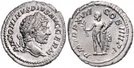 RÖMISCHES REICH, Caracalla, 198-217, AR Denar TRP XVII =214, Rom. Belorb. Kopf r., ANTONINVS PIVS AVG GERM. Rs.Hercules mit Zweig und Keule n.l. stehe...
