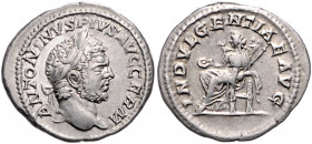 RÖMISCHES REICH, Caracalla, 198-217, AR Denar (213-217), Rom. Belorb. Büste r., ANTONINVS PIVS AVG GERM. Rs.Indulgentia l. sitzend, INDVLGENTIA AVG. 3...