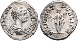 RÖMISCHES REICH, Geta als Caesar, 198-209, AE Denar (200-202), Rom. Drap. und gepanz. Büste r., P SEPT GETA PONT. Rs.Felicitas steht l., FELICITAS PVB...