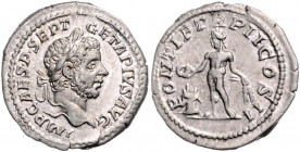 RÖMISCHES REICH, Geta, 209-212, AR Denar TRP II =210, Rom. Belorb. Büste r., IMP CAES P SEPT GETA PIVS AVG. Rs.Genius l. opfernd, PONTIF TRP II COS. 3...