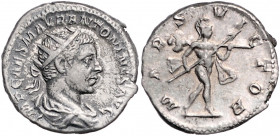 RÖMISCHES REICH, Elagabal, 218-222, AR Antoninian, Rom. Drap. Büste mit Strahlenkrone r. Rs.Mars schreitet r. mit Lanze und Tropaion. 5,6g.
Patina, s...