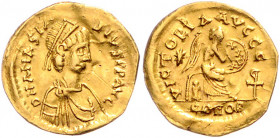 BYZANTINISCHES REICH, Anastasius I., 491-518, AV Semissis CONOB =Konstantinopel. Drap. Panzerbüste mit Diadem r. Rs.Victoria r.auf einem Schild sitzen...