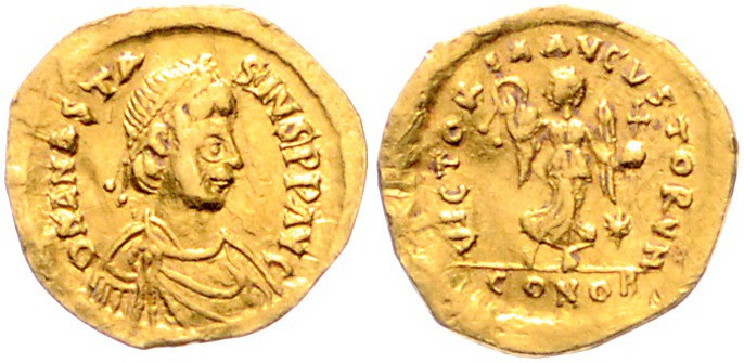 BYZANTINISCHES REICH, Anastasius I., 491-518, AV Tremissis CONOB =Konstantinopel...