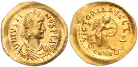 BYZANTINISCHES REICH, Justin I., 518-527, AV Semissis CONOB =Konstantinopel. Gepanzerte und diad. Büste r. Rs.Victoria auf einem Schild sitzend schrei...