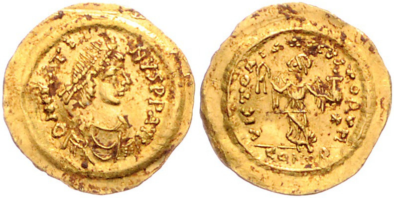 BYZANTINISCHES REICH, Justin I., 518-527, AV Tremissis CONOB =Konstantinopel. Di...