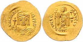 BYZANTINISCHES REICH, Mauricius Tiberius, 582-602, AV Solidus CONOB =Konstantinopel, Off.D. Büste v.vorn mit Kreuzglobus und Schild. Rs.Victoria mit C...