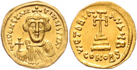 BYZANTINISCHES REICH, Constans II., 641-668, AV Solidus CONOBS =Konstantinopel, Officin B. Bartlose Büste v.vorn, Kreuzglobus i.d. Rechten. Rs.Kreuz a...