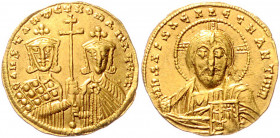 BYZANTINISCHES REICH, Constantin VII. und Romanos II., 945-959, AV Solidus, Konstantinopel. Büste des Christus v.vorn. Rs.Constantin VII. mit Bart l.,...