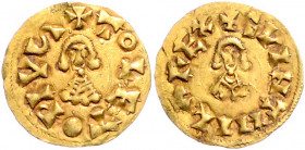 WESTGOTEN, Suinthila, 621-631, AV Tremissis, Toleto. Büste v.vorn, +SVINTHIHLAREX. Rs.Büste v.vorn, +TOLETOPIVS. 1,47g.
GOLD, f.vz
Miles 223a