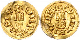 WESTGOTEN, Suinthila, 621-631, AV Tremissis, Emerita. Büste v.vorn, +SVINTHIHLAREX. Rs.Büste v.vorn, +EMERIAPIVS. 1,48g.
GOLD, Rdf., f.vz
Miles 235a...