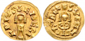 WESTGOTEN, Suinthila, 621-631, AV Tremissis, Emerita. Büste v.vorn, +SVINTHIHLAREX. Rs.Büste v.vorn, +EMERIAPIVS. 1,47g.
GOLD, vz
Miles 235a
