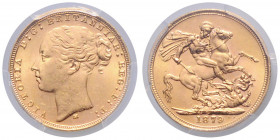 AUSTRALIEN, Victoria, 1837-1901, Sovereign 1879 M, Melbourne. Medium Tail. -Mwst befreit-
GOLD, PCGS MS63
Sear 3857D
