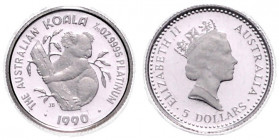 AUSTRALIEN, Elisabeth II., seit 1952, 15 Dollars 1990 =1/10 Unze. Koala auf Baumstamm. 3,137g (.9995) =3,135 fein.
PLATIN, Aufl. 2.500 Ex., Orig.-Buc...